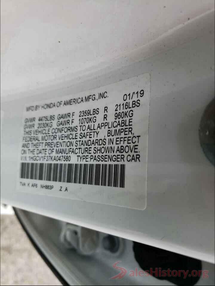 1HGCV1F37KA047580 2019 HONDA ACCORD