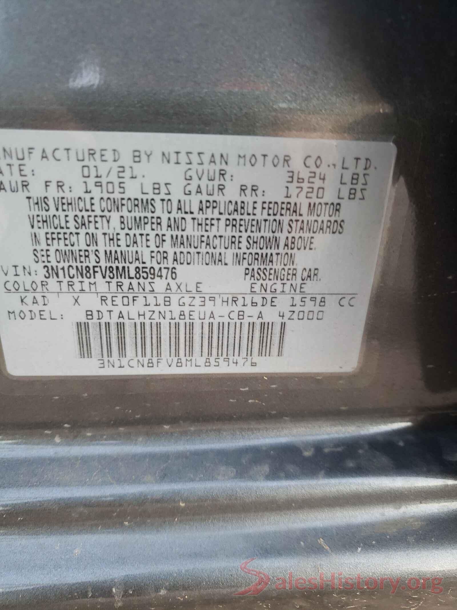 3N1CN8FV8ML859476 2021 NISSAN VERSA