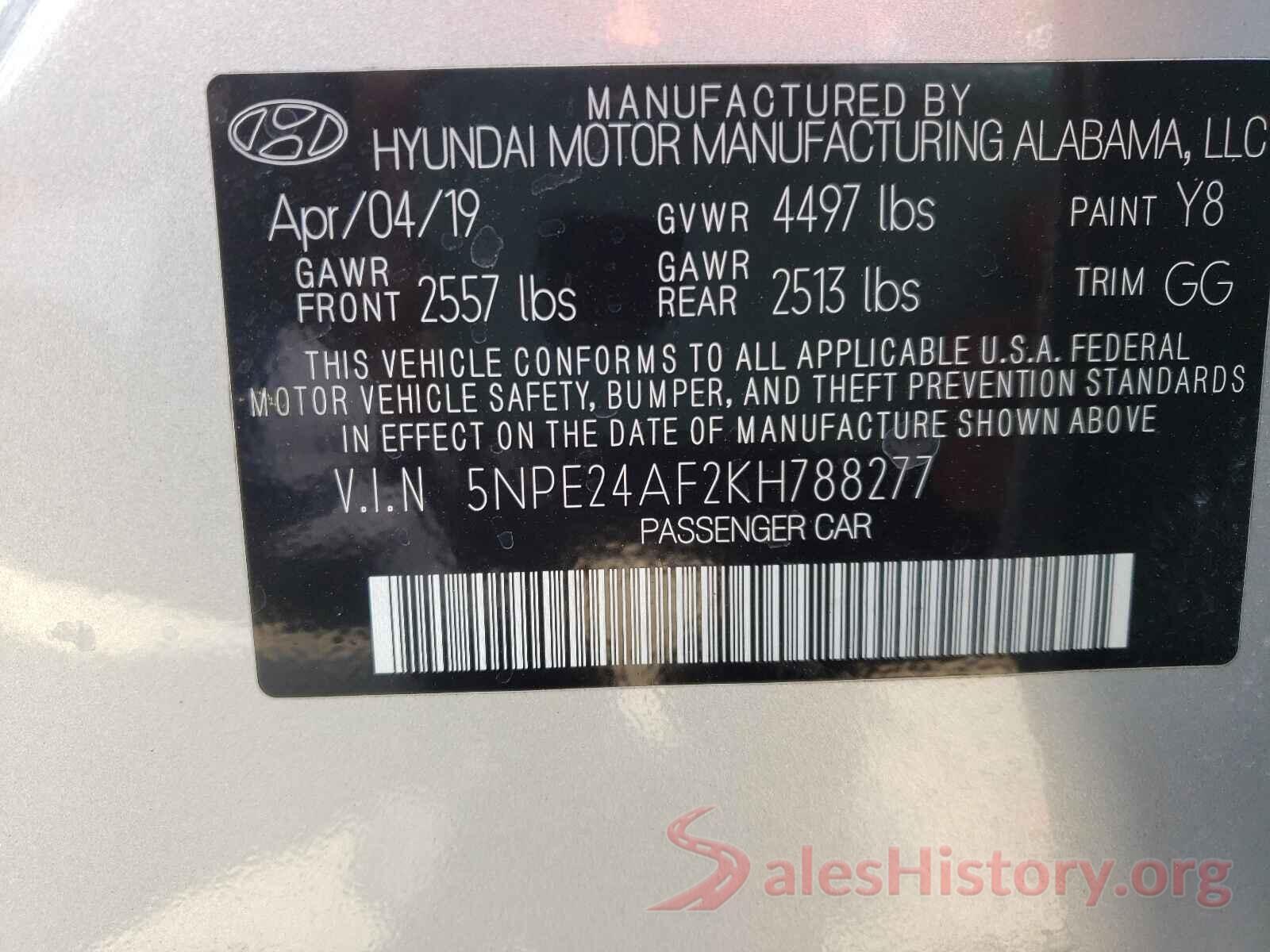 5NPE24AF2KH788277 2019 HYUNDAI SONATA