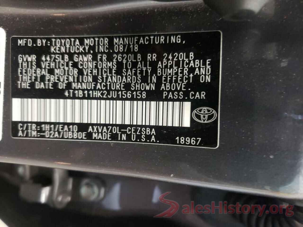 4T1B11HK2JU156158 2018 TOYOTA CAMRY