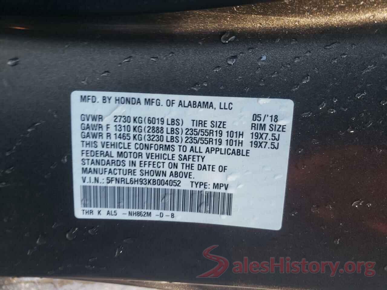 5FNRL6H93KB004052 2019 HONDA ODYSSEY