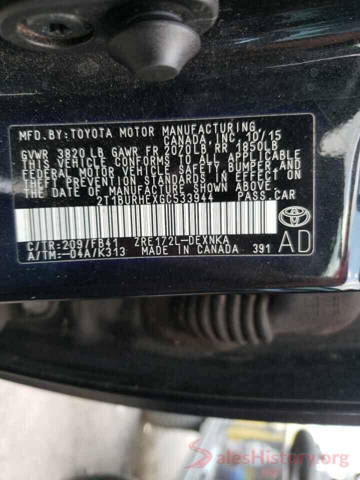 2T1BURHEXGC533944 2016 TOYOTA COROLLA