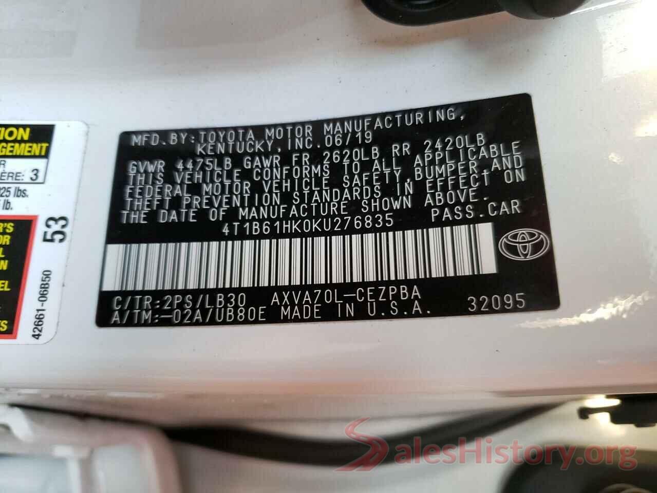 4T1B61HK0KU276835 2019 TOYOTA CAMRY