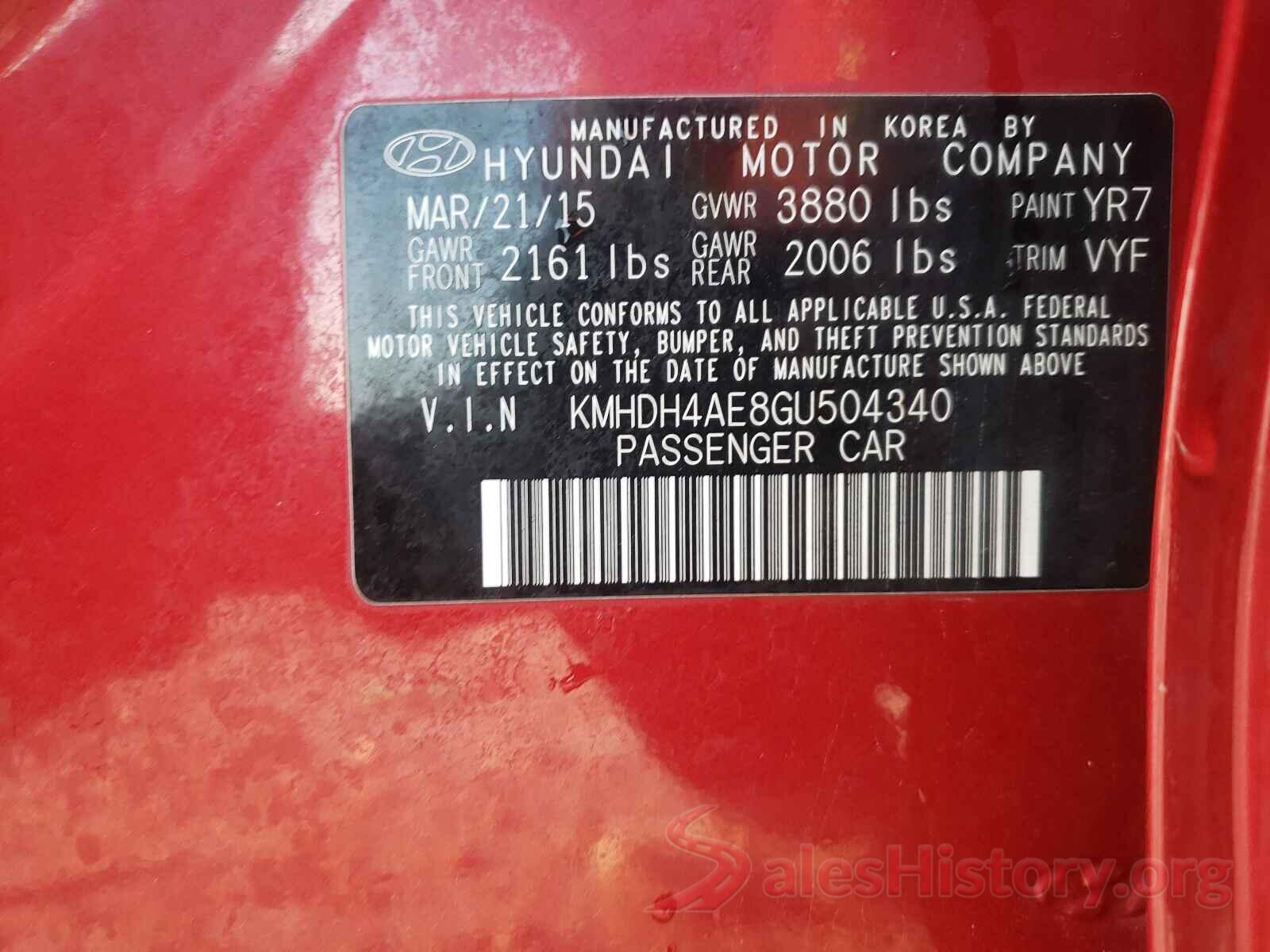 KMHDH4AE8GU504340 2016 HYUNDAI ELANTRA