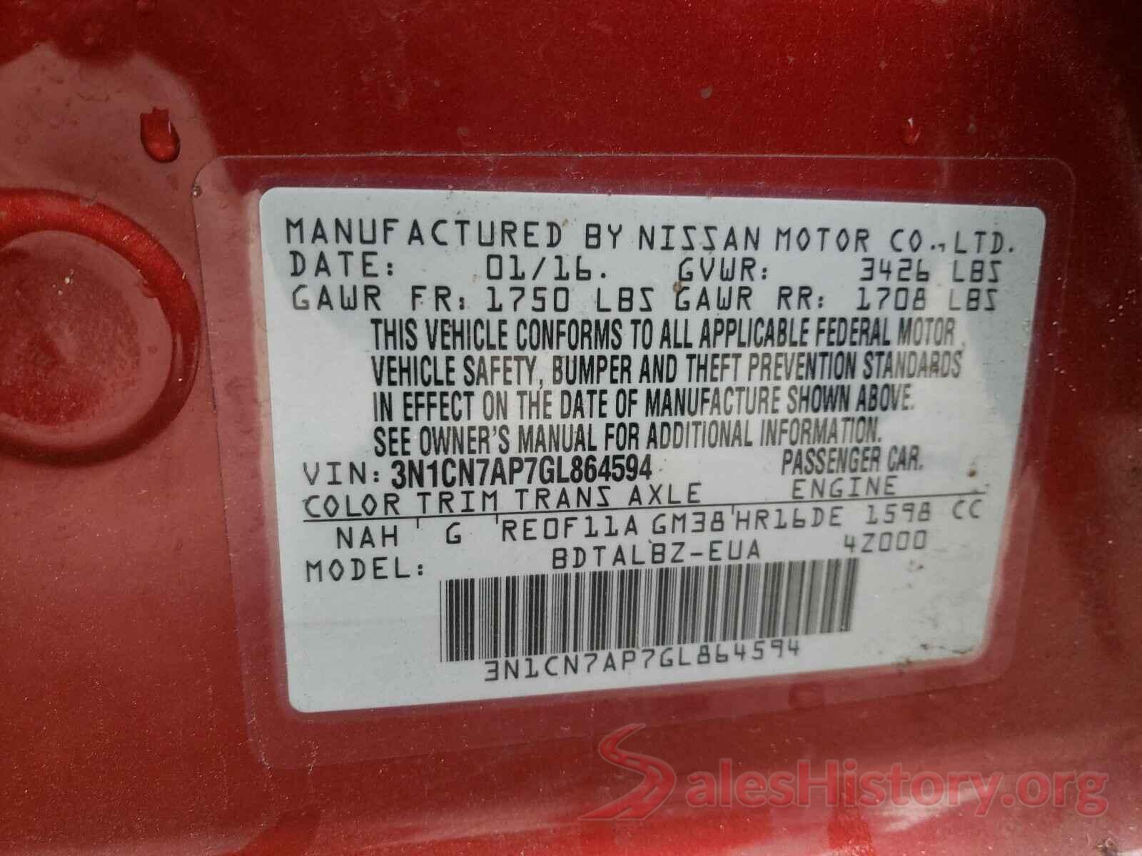 3N1CN7AP7GL864594 2016 NISSAN VERSA