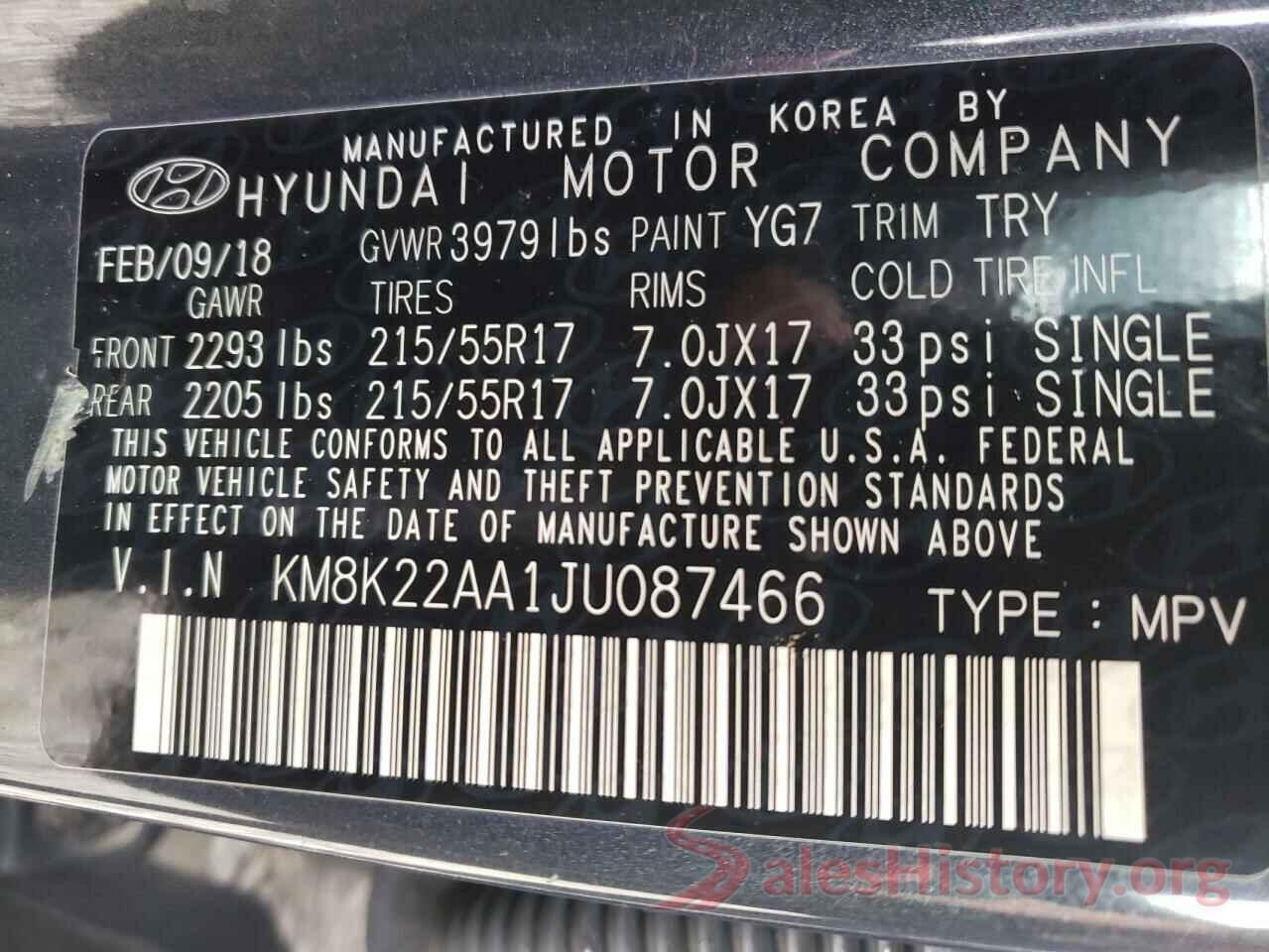 KM8K22AA1JU087466 2018 HYUNDAI KONA