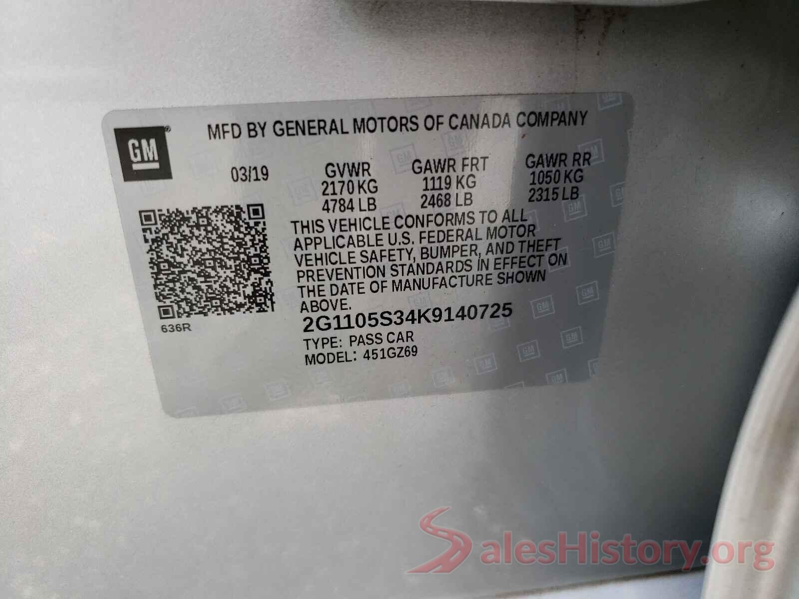 2G1105S34K9140725 2019 CHEVROLET IMPALA