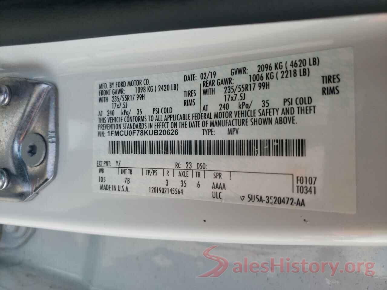 1FMCU0F78KUB20626 2019 FORD ESCAPE