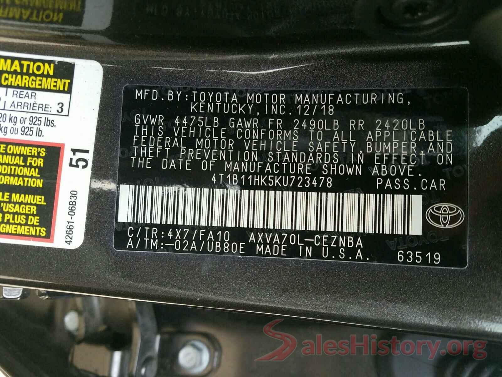 4T1B11HK5KU723478 2019 TOYOTA CAMRY