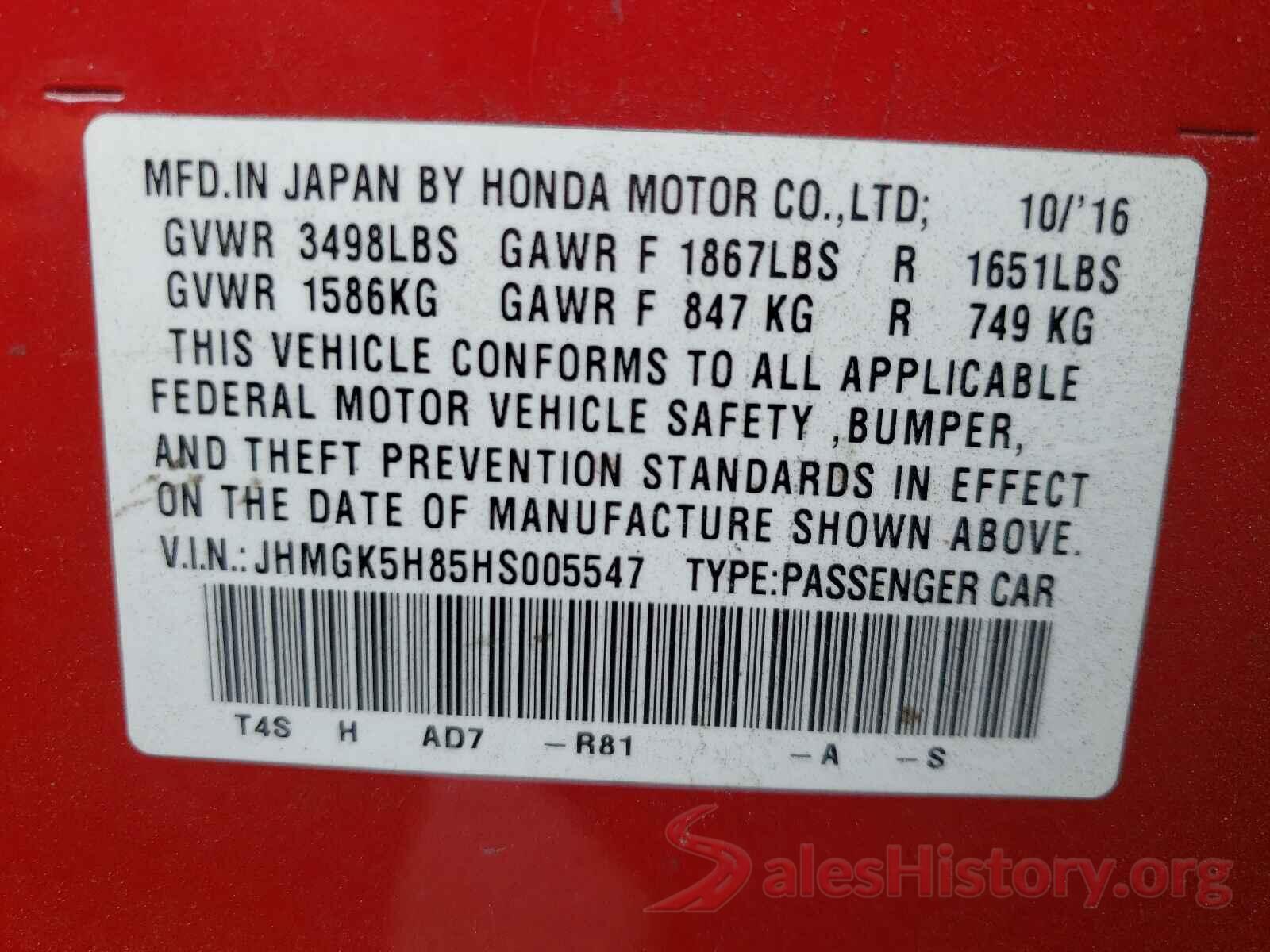 JHMGK5H85HS005547 2017 HONDA FIT