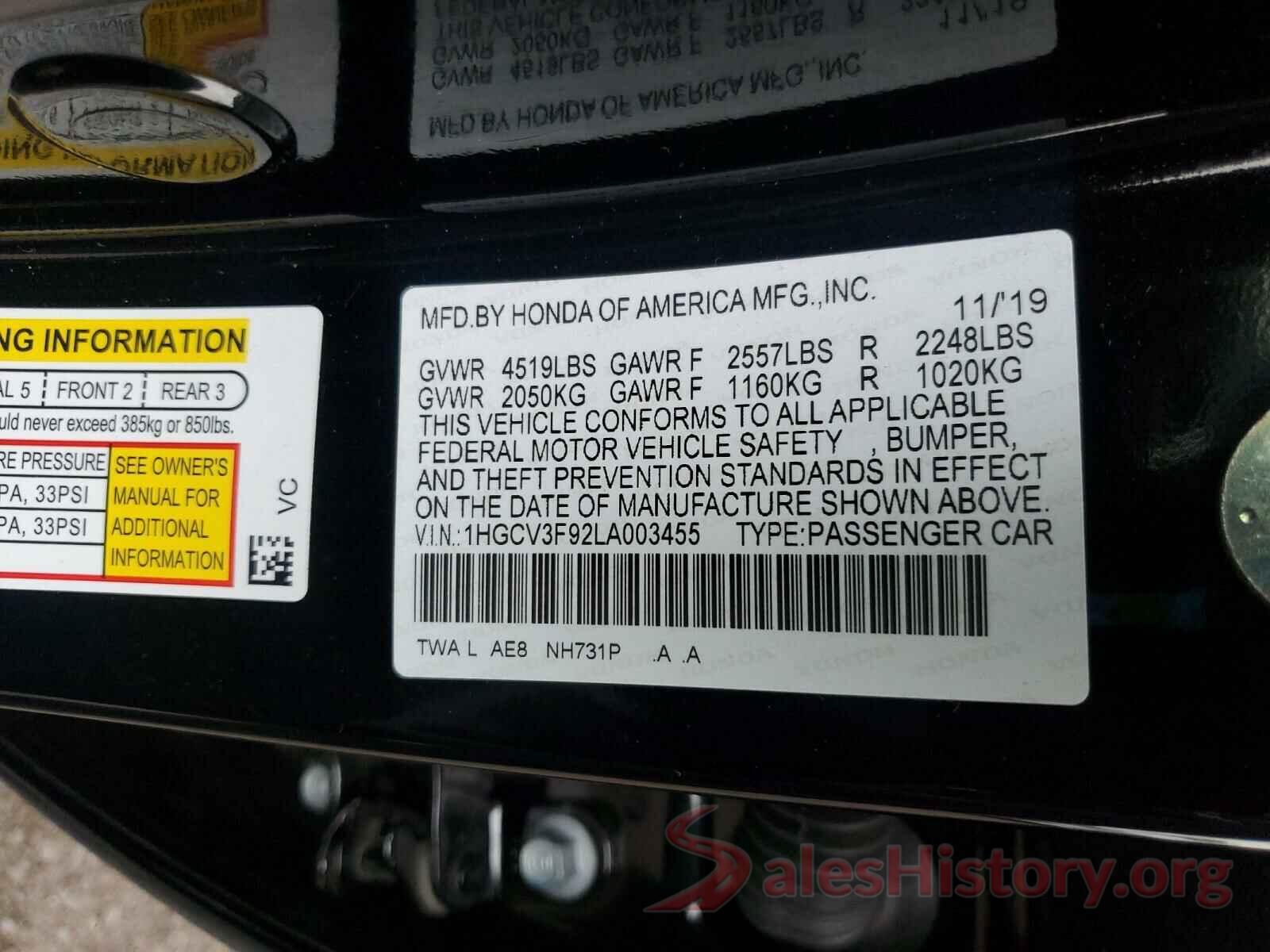 1HGCV3F92LA003455 2020 HONDA ACCORD