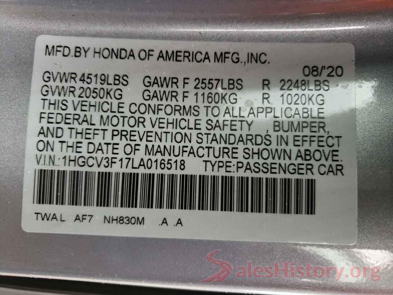 1HGCV3F17LA016518 2020 HONDA ACCORD