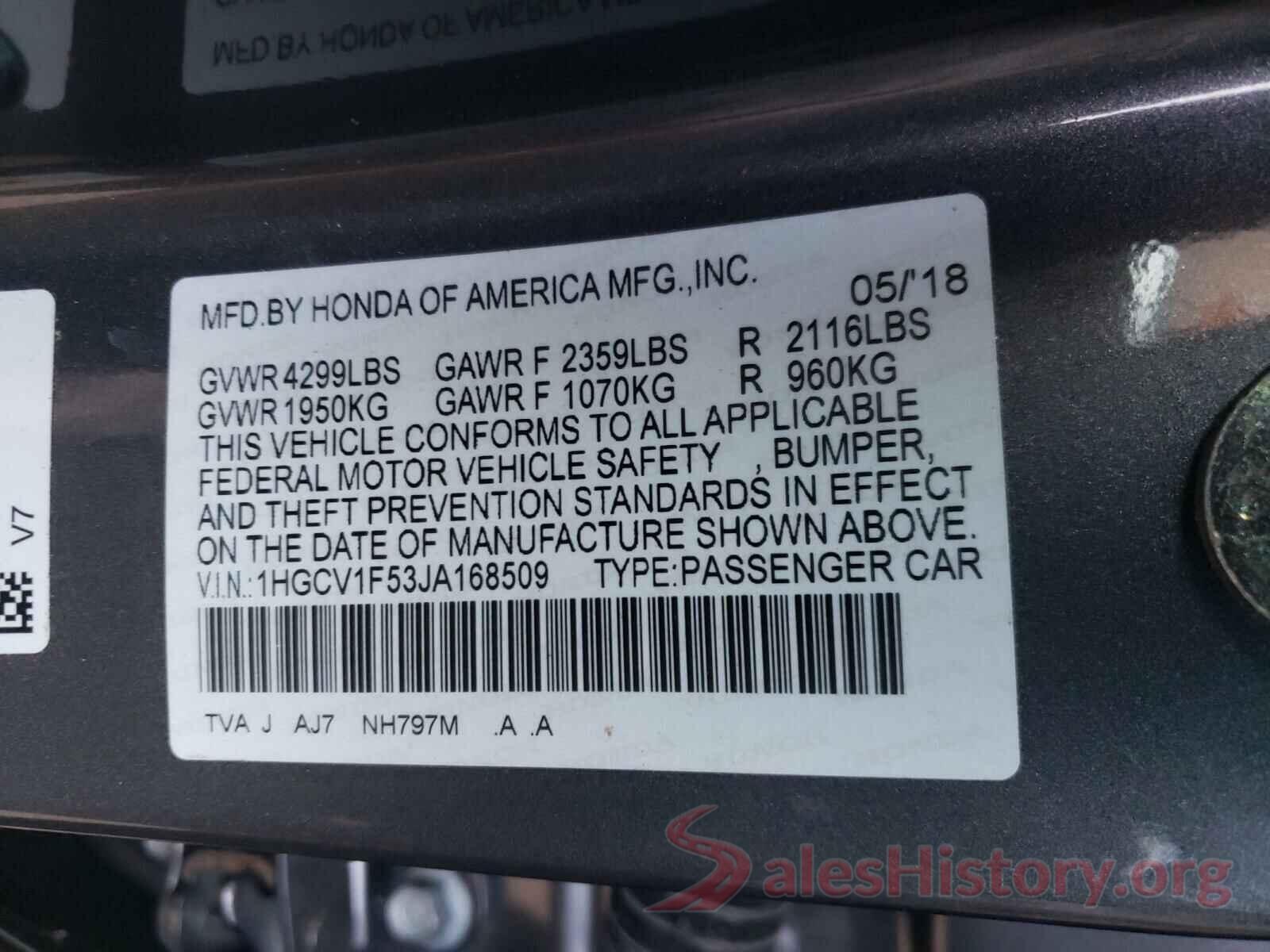 1HGCV1F53JA168509 2018 HONDA ACCORD