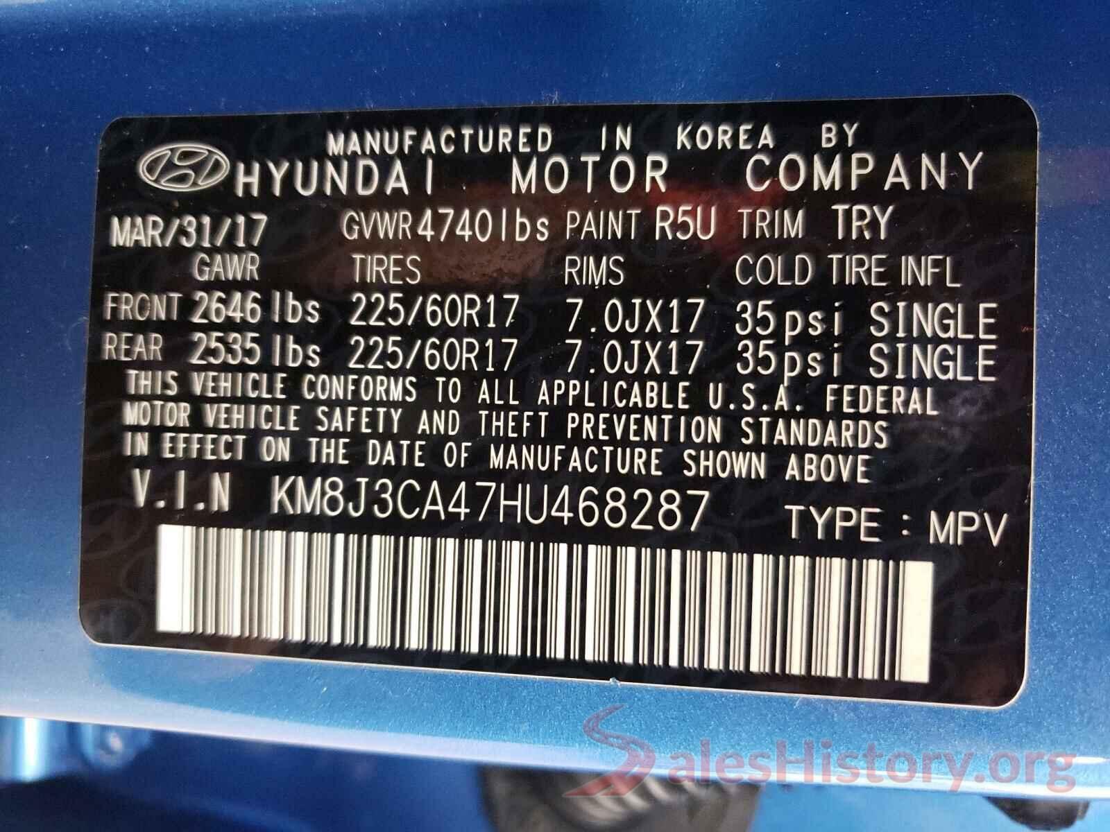 KM8J3CA47HU468287 2017 HYUNDAI TUCSON