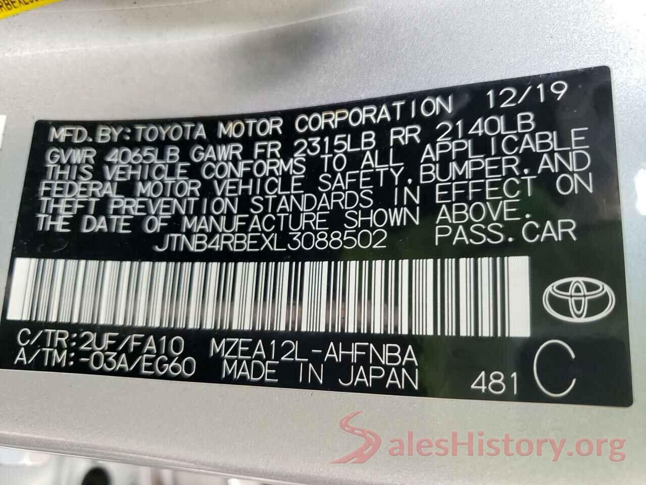 JTNB4RBEXL3088502 2020 TOYOTA COROLLA