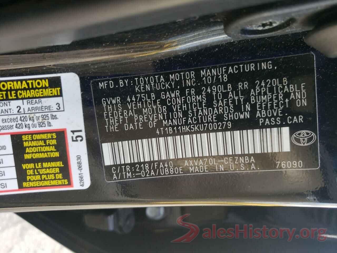 4T1B11HK5KU700279 2019 TOYOTA CAMRY