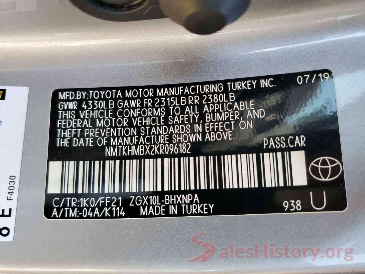 NMTKHMBX2KR096182 2019 TOYOTA C-HR