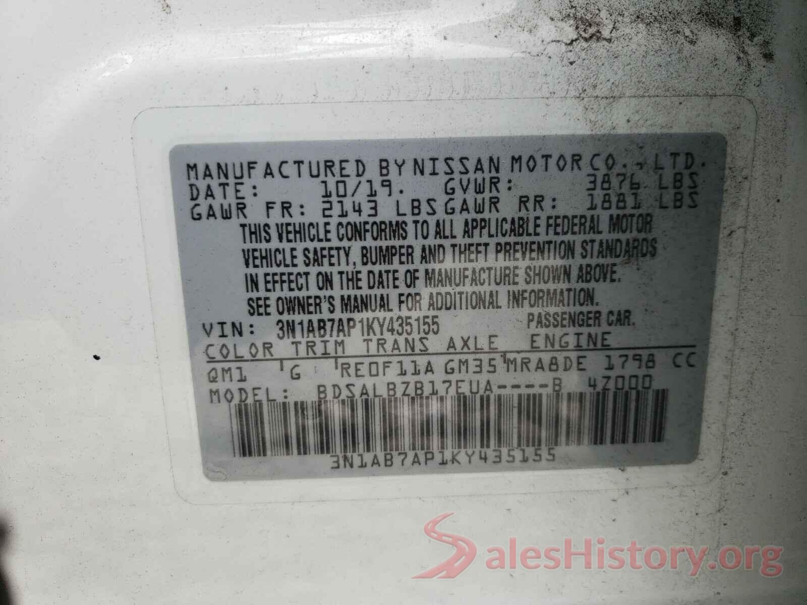 3N1AB7AP1KY435155 2019 NISSAN SENTRA