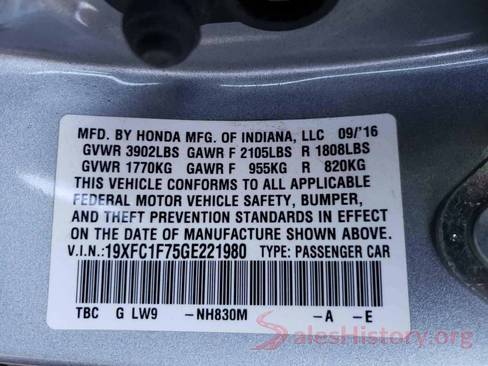 19XFC1F75GE221980 2016 HONDA CIVIC