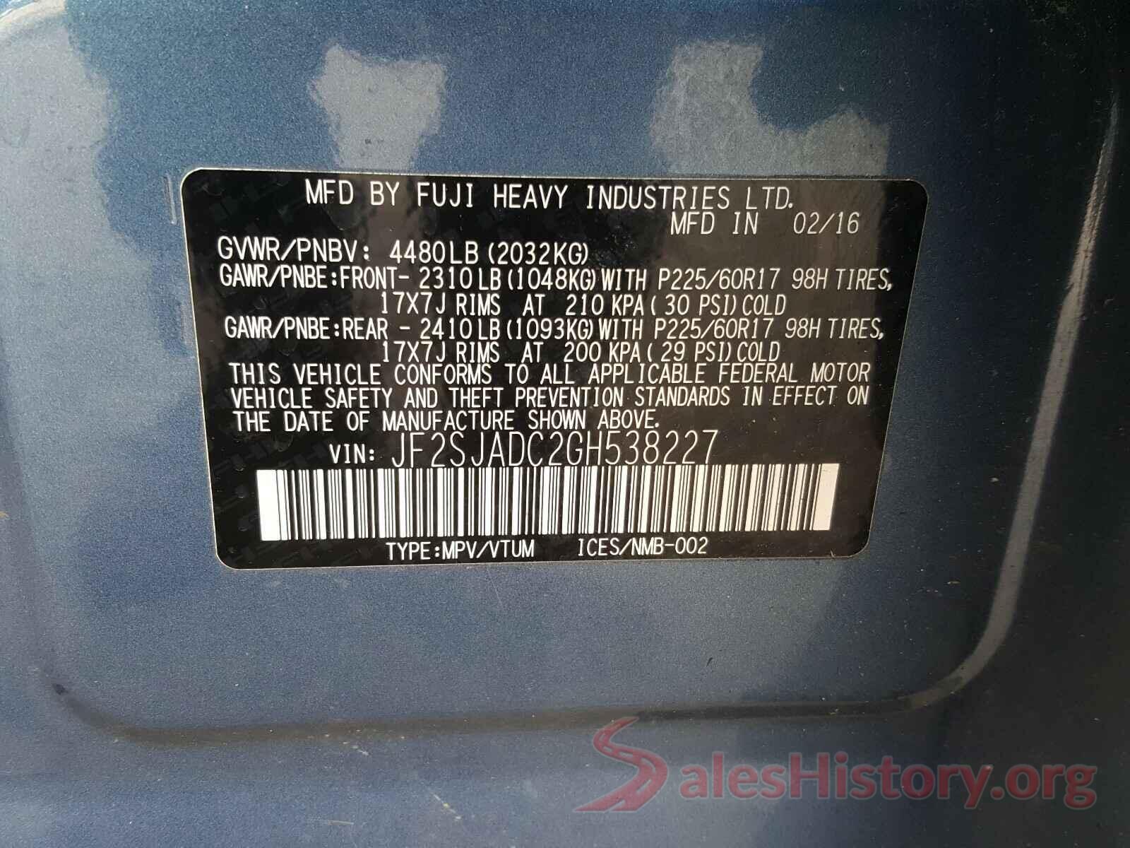 JF2SJADC2GH538227 2016 SUBARU FORESTER