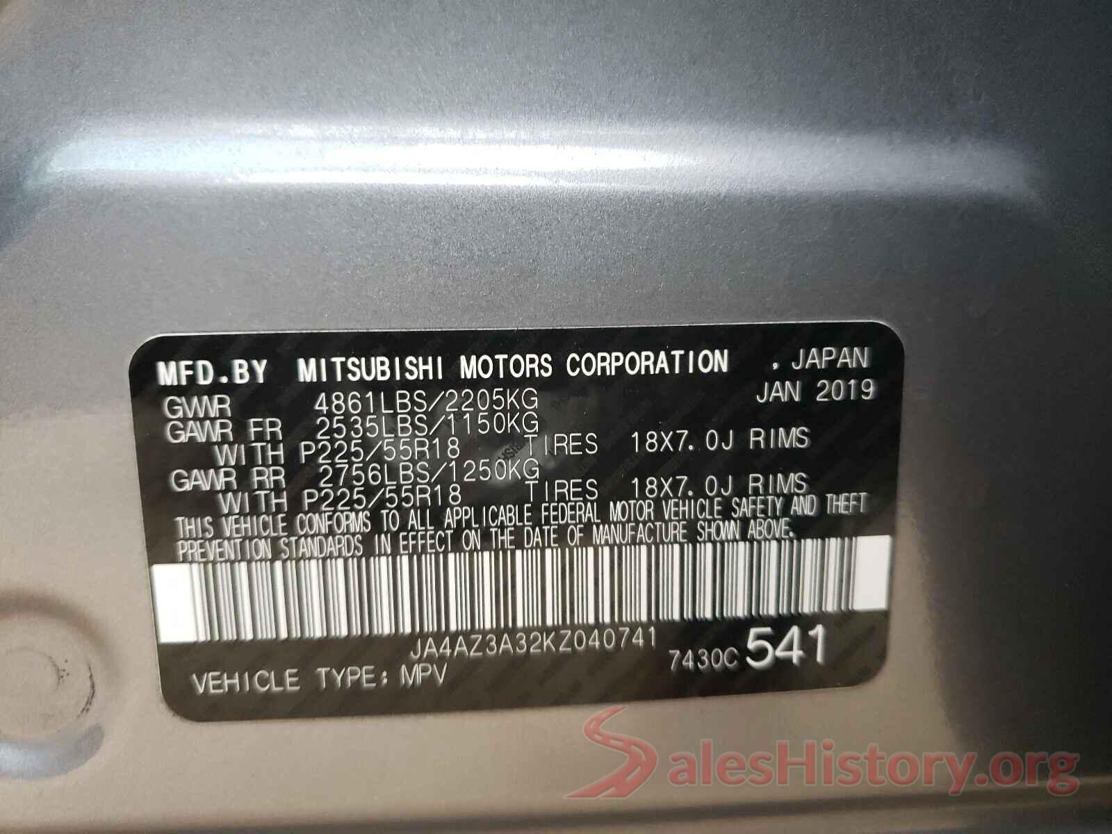 JA4AZ3A32KZ040741 2019 MITSUBISHI OUTLANDER