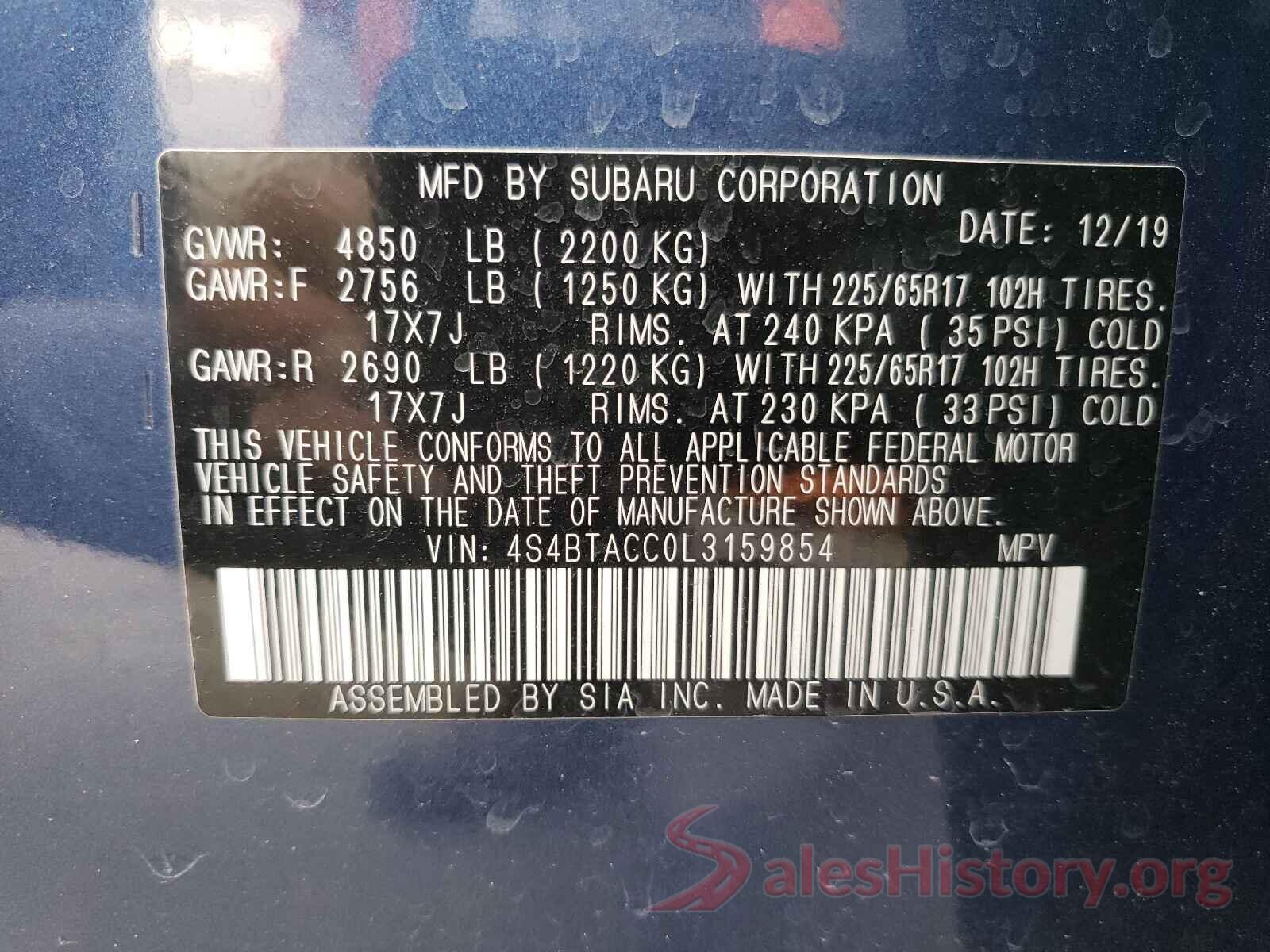 4S4BTACC0L3159854 2020 SUBARU OUTBACK