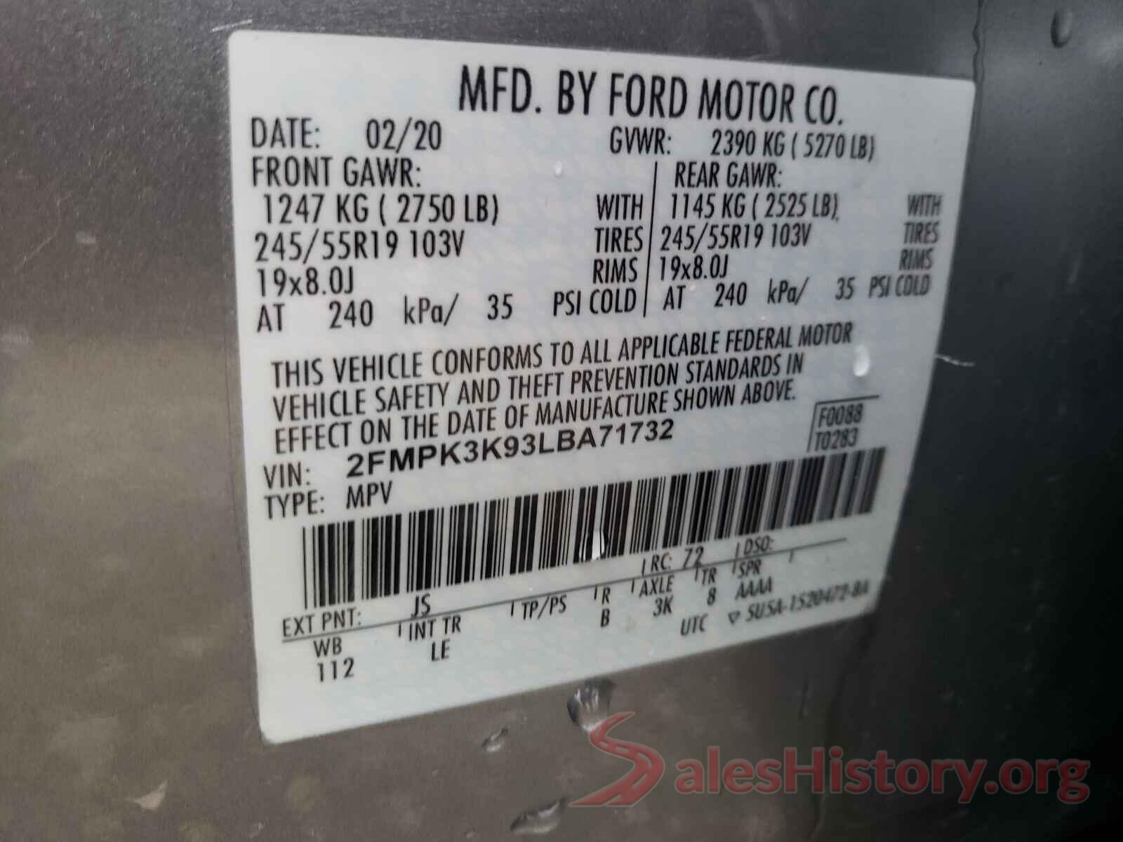 2FMPK3K93LBA71732 2020 FORD EDGE