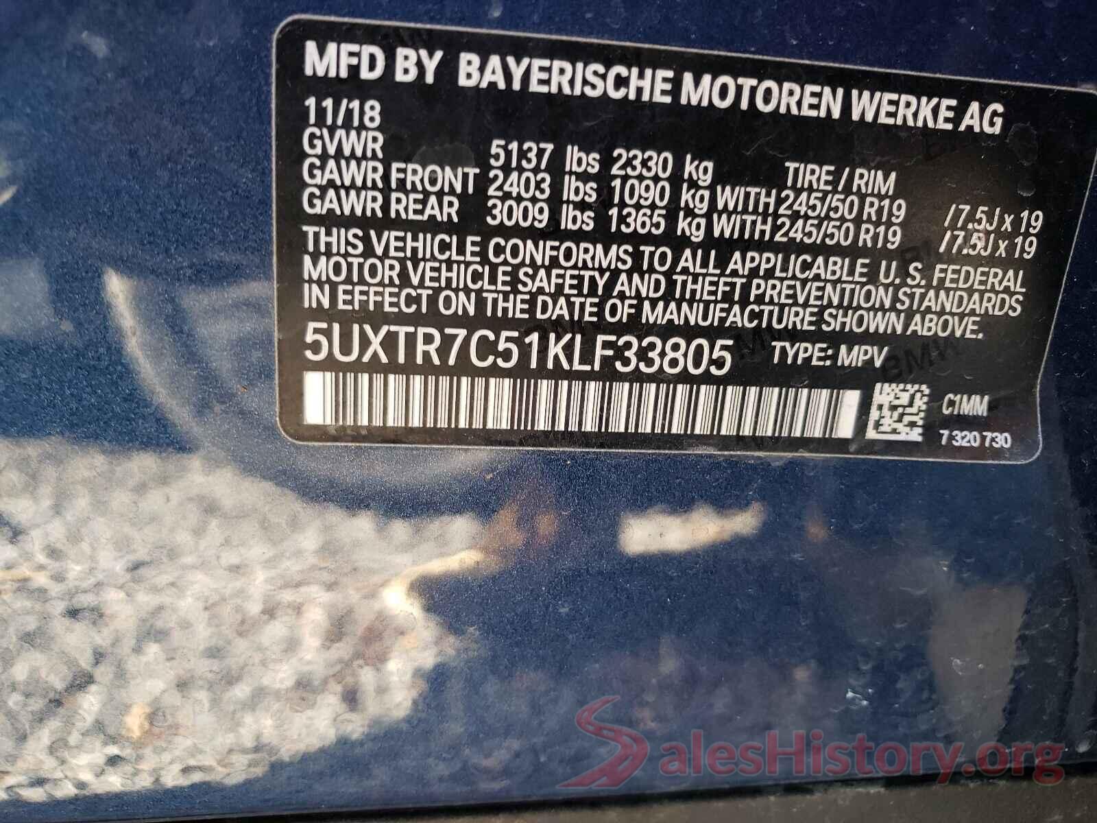 5UXTR7C51KLF33805 2019 BMW X3