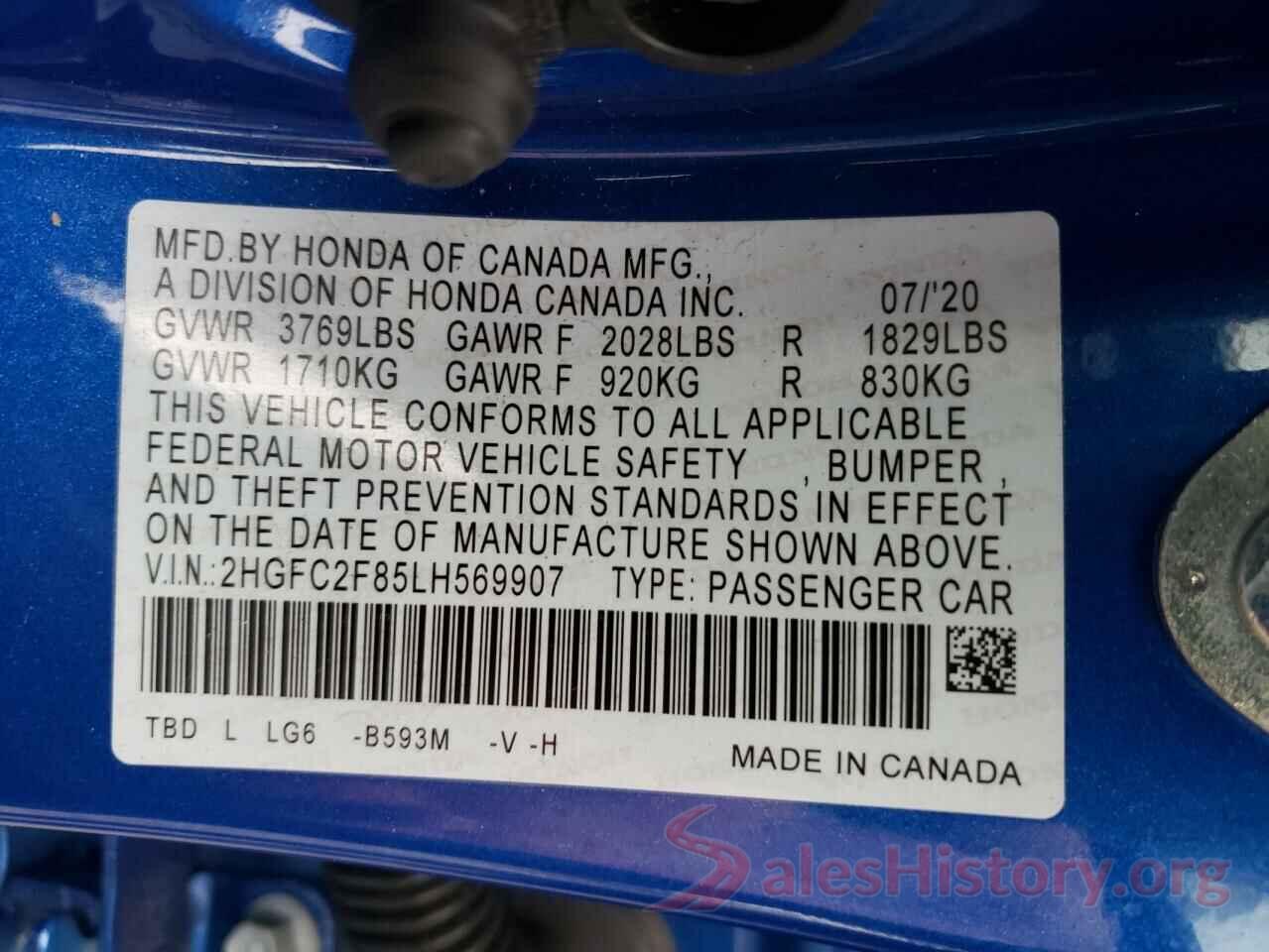 2HGFC2F85LH569907 2020 HONDA CIVIC