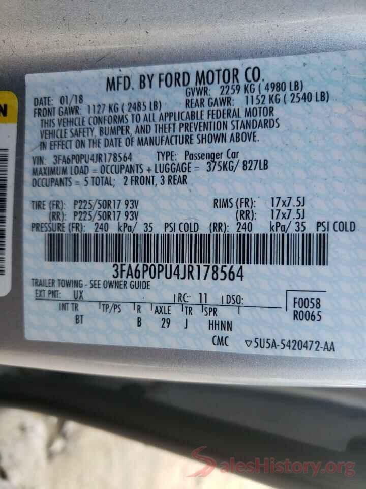 3FA6P0PU4JR178564 2018 FORD FUSION