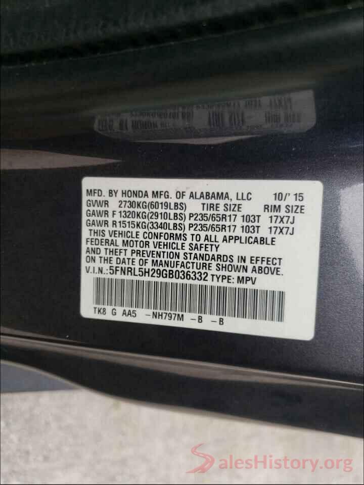 5FNRL5H29GB036332 2016 HONDA ODYSSEY