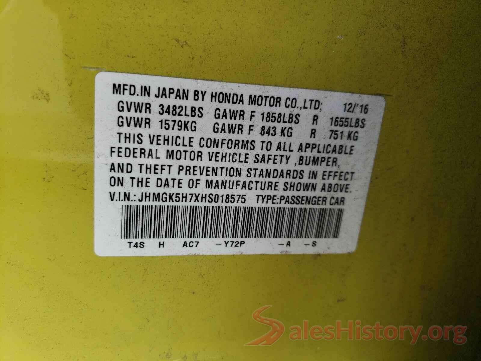 JHMGK5H7XHS018575 2017 HONDA FIT