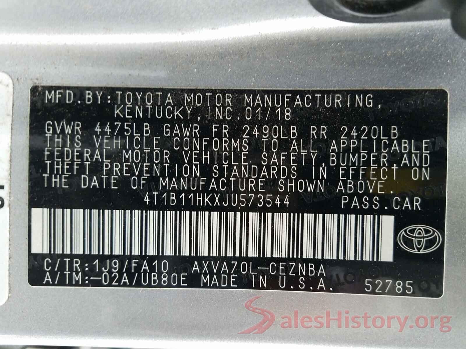 4T1B11HKXJU573544 2018 TOYOTA CAMRY