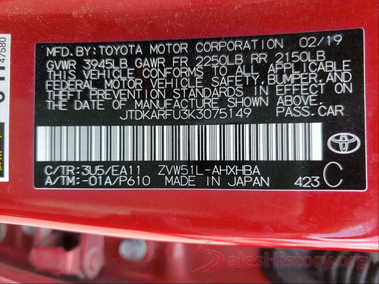 JTDKARFU3K3075149 2019 TOYOTA PRIUS