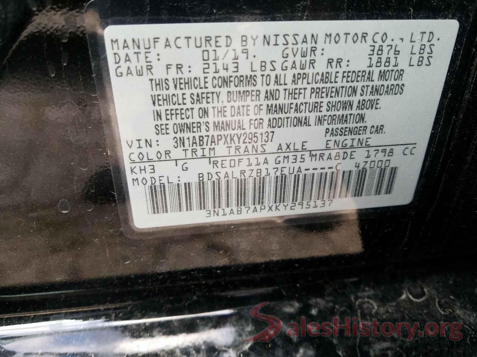 3N1AB7APXKY295137 2019 NISSAN SENTRA