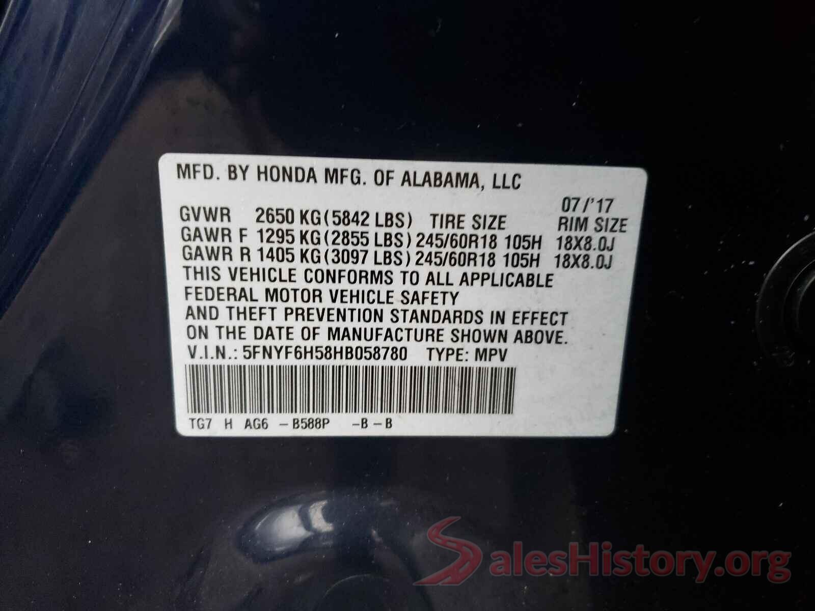 5FNYF6H58HB058780 2017 HONDA PILOT