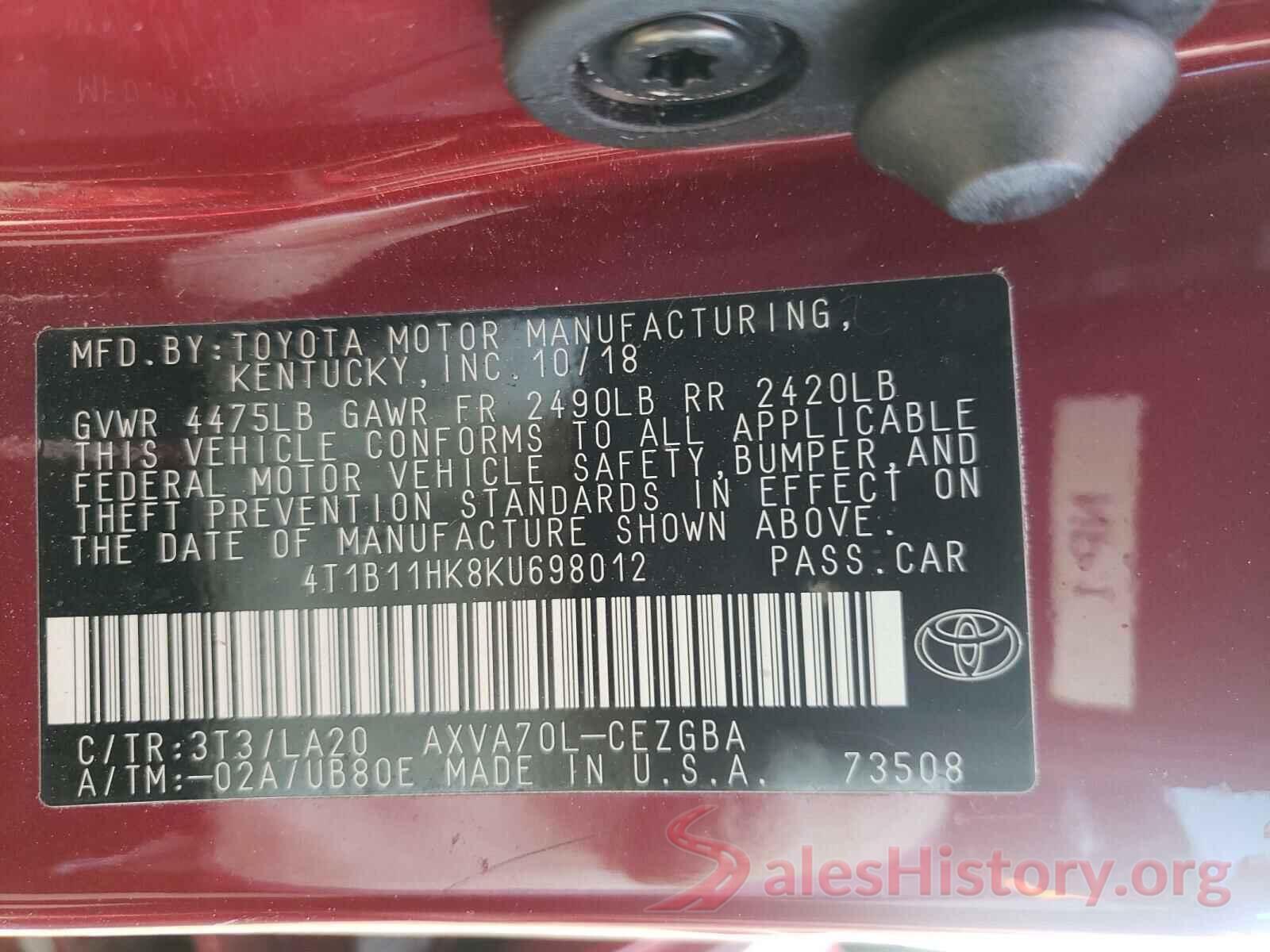 4T1B11HK8KU698012 2019 TOYOTA CAMRY