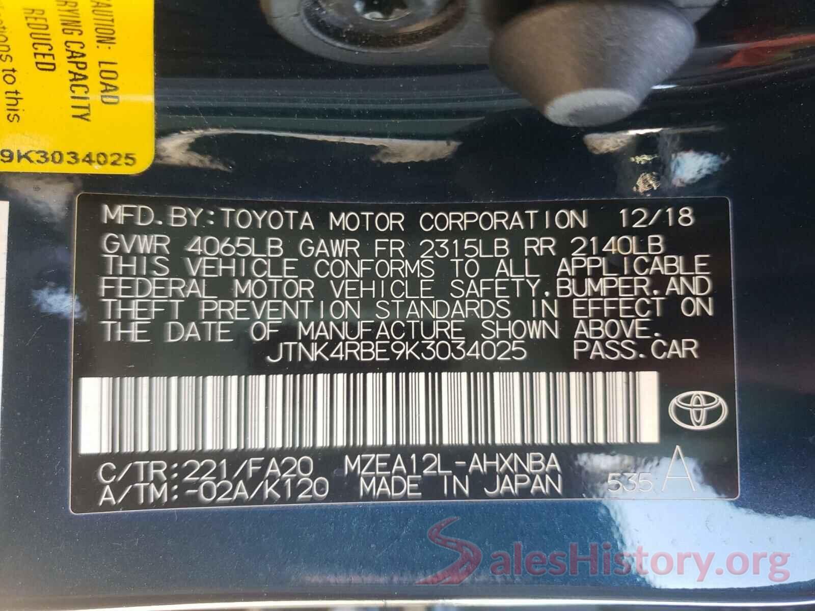 JTNK4RBE9K3034025 2019 TOYOTA COROLLA