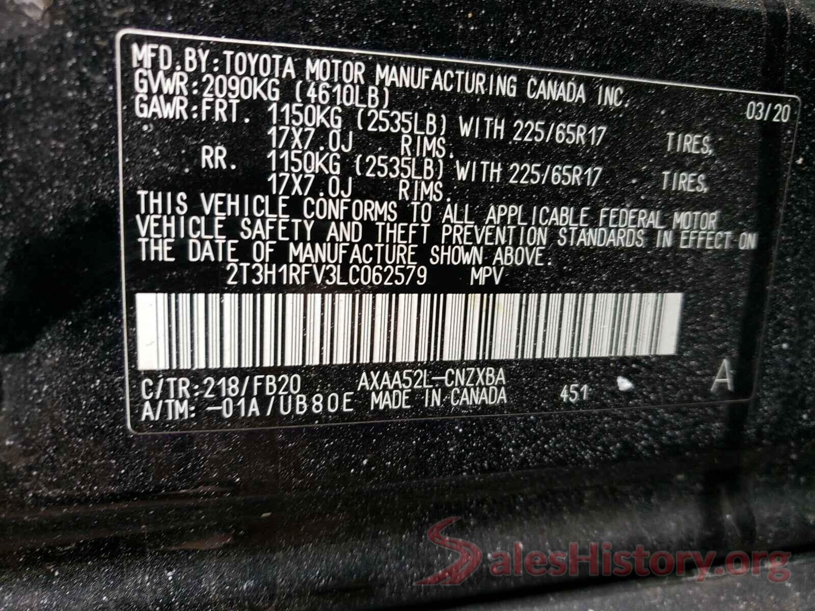 2T3H1RFV3LC062579 2020 TOYOTA RAV4