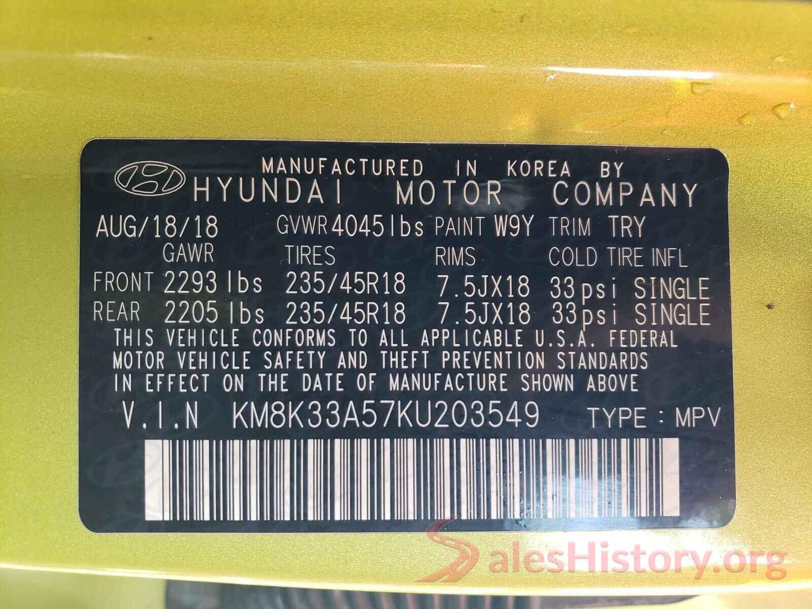 KM8K33A57KU203549 2019 HYUNDAI KONA