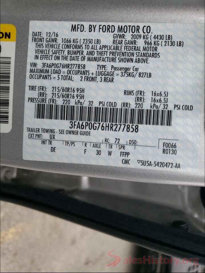 3FA6P0G76HR277858 2017 FORD FUSION