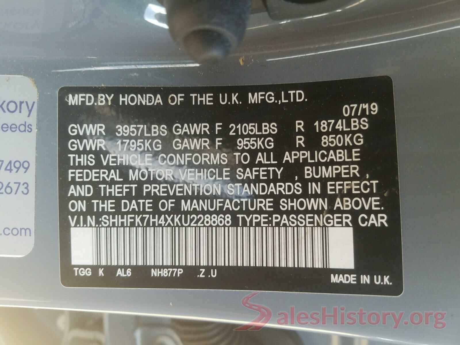 SHHFK7H4XKU228868 2019 HONDA CIVIC