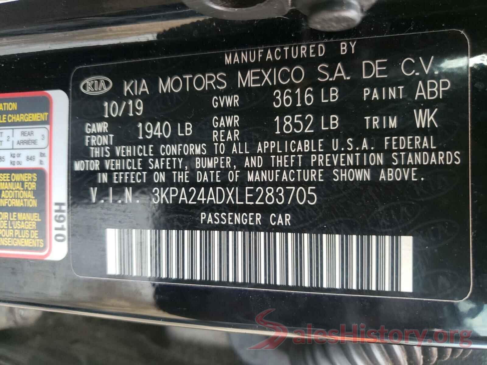 3KPA24ADXLE283705 2020 KIA RIO