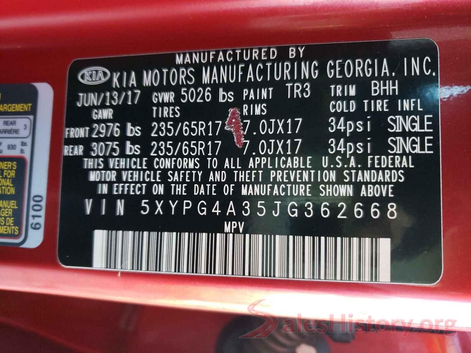 5XYPG4A35JG362668 2018 KIA SORENTO