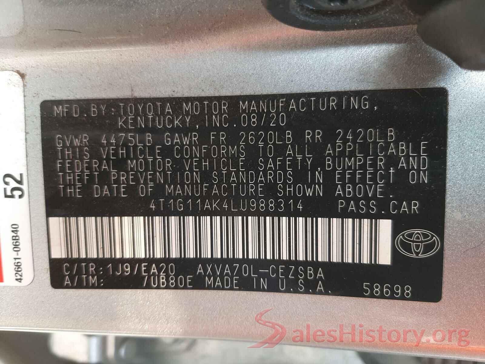 4T1G11AK4LU988314 2020 TOYOTA CAMRY