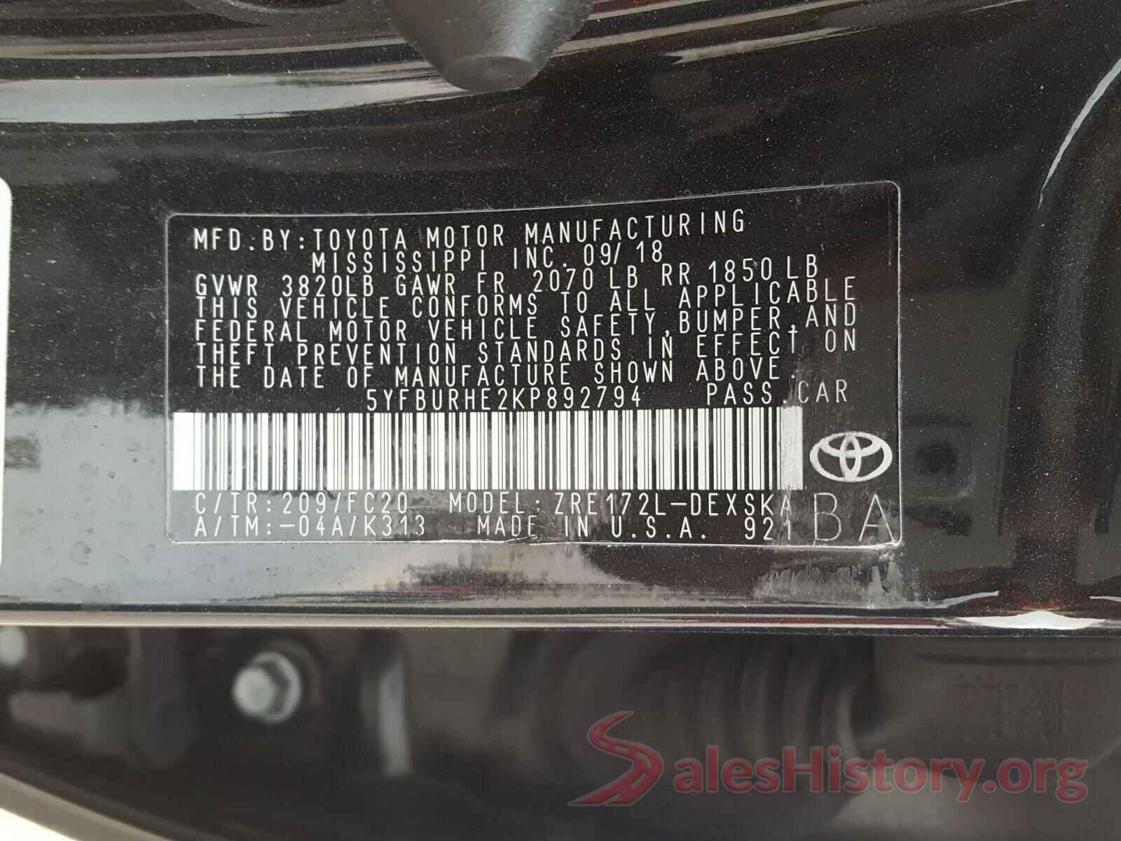 5YFBURHE2KP892794 2019 TOYOTA COROLLA