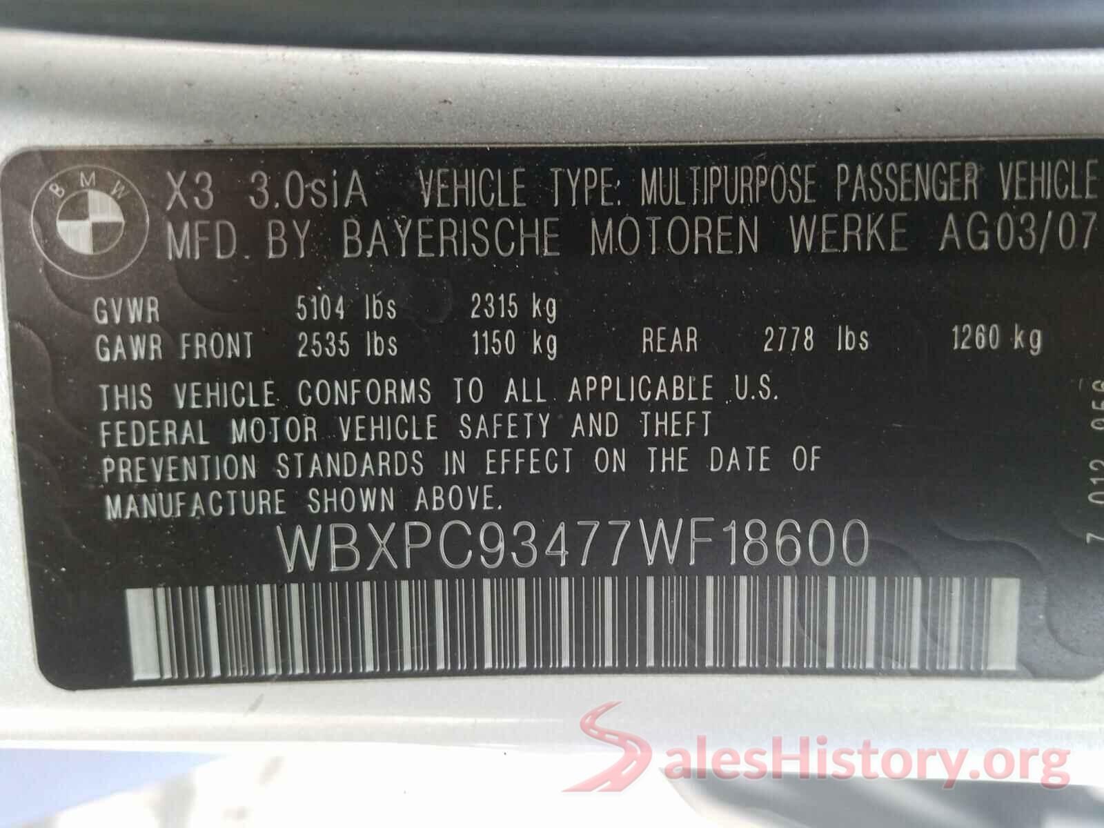 WBXPC93477WF18600 2007 BMW X3