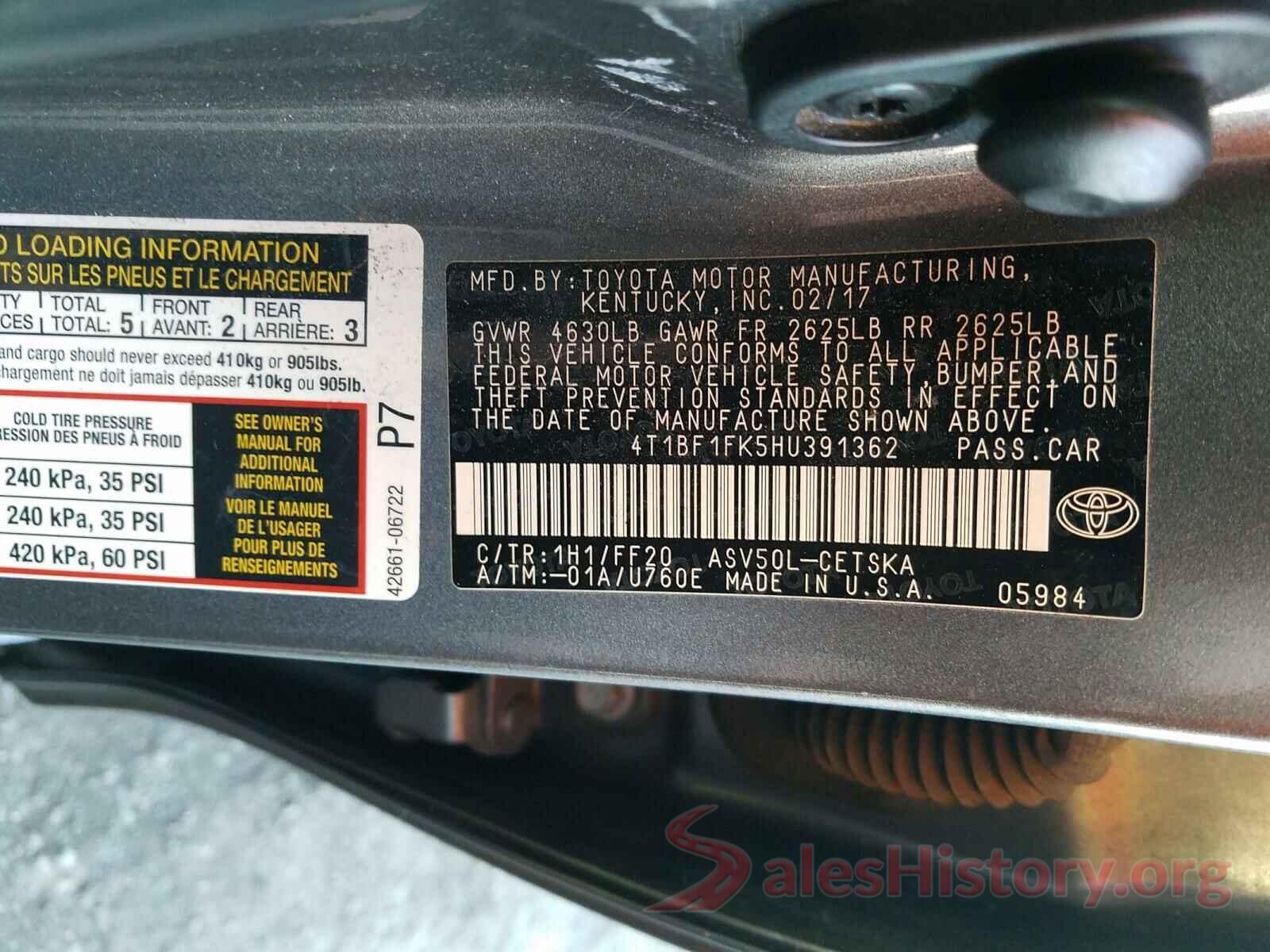 4T1BF1FK5HU391362 2017 TOYOTA CAMRY