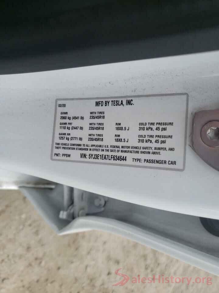 5YJ3E1EA7LF634644 2020 TESLA MODEL 3