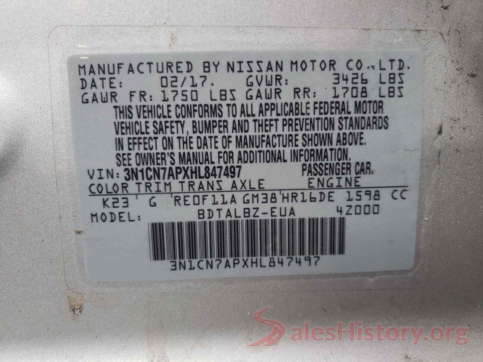 3N1CN7APXHL847497 2017 NISSAN VERSA